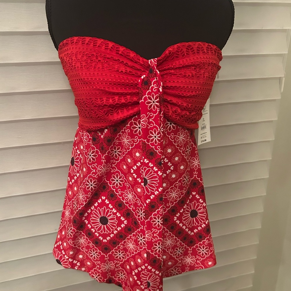 Red Floral Strapless Top